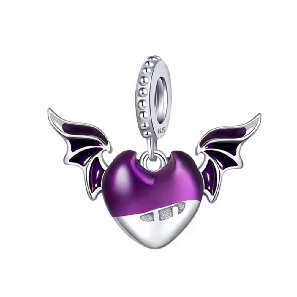 Purple Heart with Wings Sterling Silver Charm Pendant